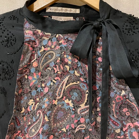 Evening 80s 💯silk blouse from Mercedes & Adrienne paisley beaded tie collar - Picture 2 of 14